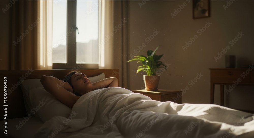 Fototapeta premium Peaceful young man sleeping soundly in a sunlit bedroom, waking up refreshed.