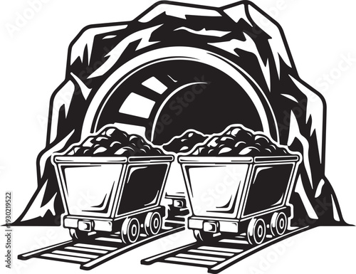 Coal mine tunnel entrance with two loaded mining carts on railroad tracks, vintage style vector illustration for industrial use