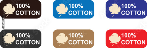 Collection of 100% cotton label, natural fiber textile sign, quality fabric badge set, organic clothing tags vector illustration