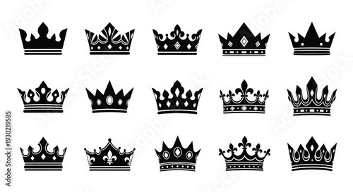 Collection of ornate crown designs displayed in black silhouette