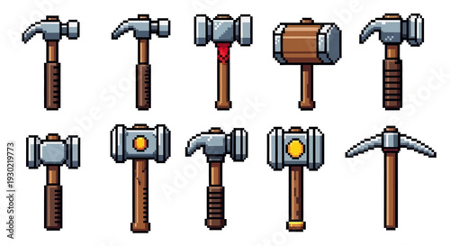 A set of isolated hammer icons in various styles, including claw hammer, sledgehammer, and carpenter hammer, in a modern vector flat design with a black silhouette and monochrome color