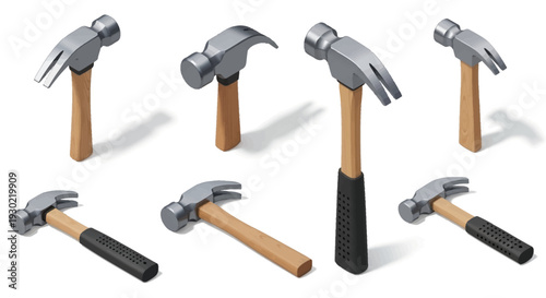 A set of various hammers including claw, sledgehammer, and carpenter hammer in a flat design with black silhouettes and wooden handles against a clean white background.