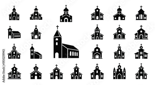 Collection of various church building designs in black silhouette