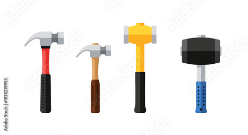 A set of colorful hammer icons in various styles, including claw hammer, sledgehammer, and mallet, arranged in a flat lay against a clean white background with a minimal style.