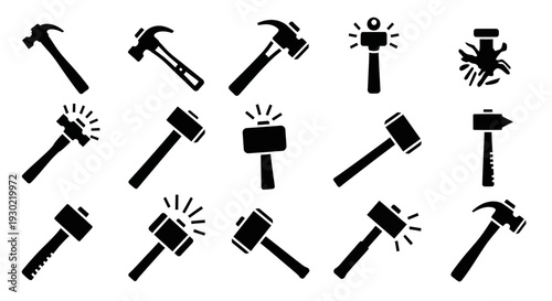 A collection of black hammer icons in various styles, including claw hammers, sledgehammers, and carpenter hammers, with some featuring explosive effects, arranged in a flat design on a