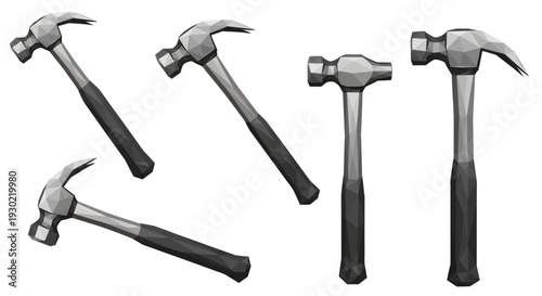 A set of five different hammers including claw, sledgehammer, and ball-peen on a clean white background in a flat lay composition with a minimal style.