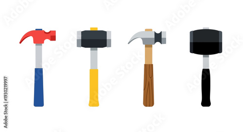 A set of four colorful hammer icons in various styles, including claw hammer, sledgehammer, and mallet, against a clean white background in a flat design.