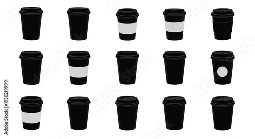 Arrangement of coffee cups with varying designs a dark silhouette