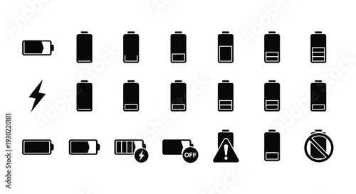 Various battery level icons and charging symbols black silhouette
