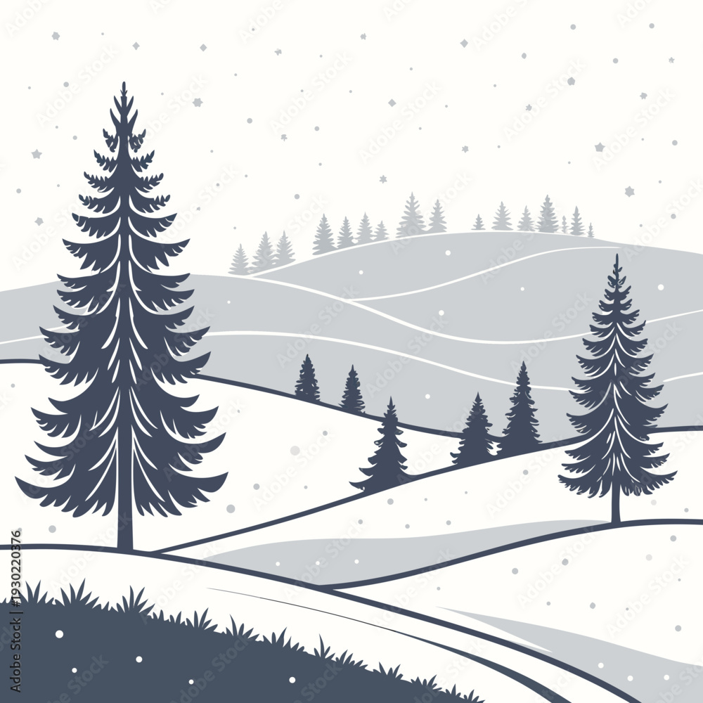 Fototapeta premium Serene Winter Landscape Illustration with Snow-Covered Rolling Hills and Majestic Evergreen Pine Trees Under Falling Snow