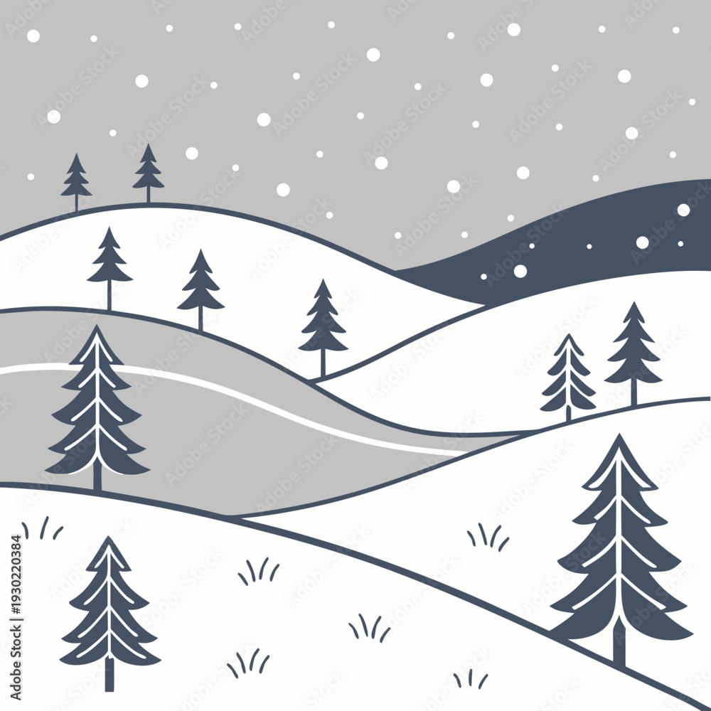 Obraz premium Minimalist Winter Landscape Illustration with Gently Rolling Snow Hills and Scattered Evergreen Pine Trees Amidst Falling Snow
