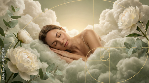 Peaceful Woman Sleeping in a Surreal Cloudscape with Floating White Flowers, Concept for World Sleep Day, Deep Rest and Mental Wellness in a Dreamy Atmosphere
