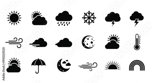 Weather icons depicting sun clouds rain and temperature silhouette