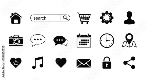 Collection of black glyph icons representing common website elements silhouette