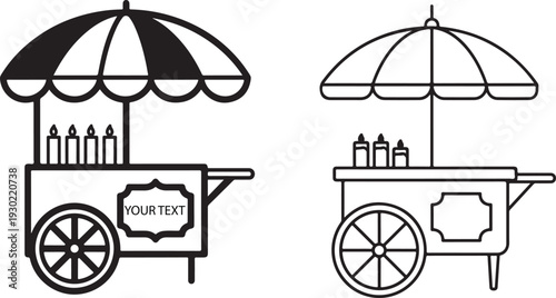 Food cart vector icon set with umbrella and wheels for street vending snack stall mobile kiosk design outline illustration for business use