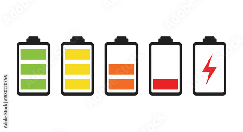 Collection of five battery level indicators illustrating charge status from full to empty and charging