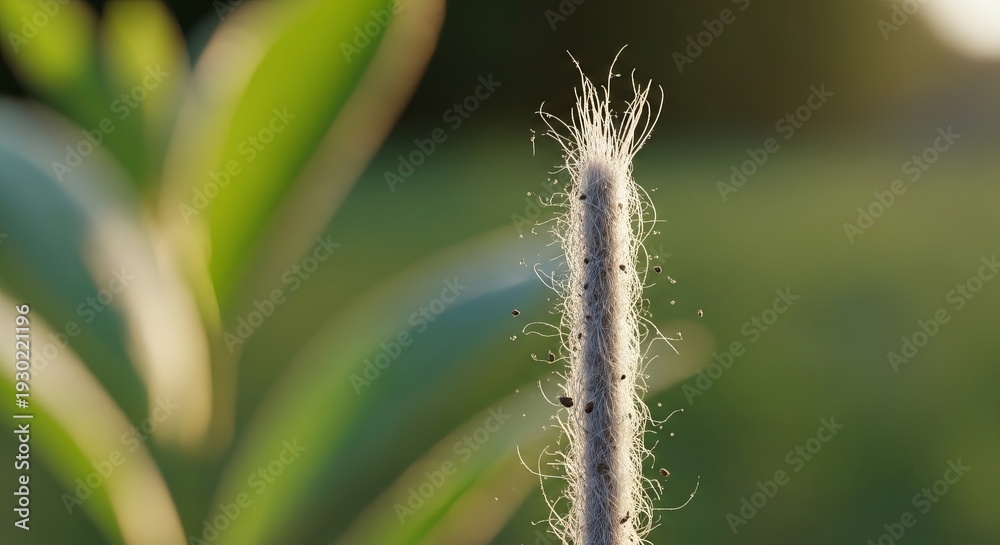 Obraz premium Delicate plant seed head with soft fibers catching golden hour light outdoors.