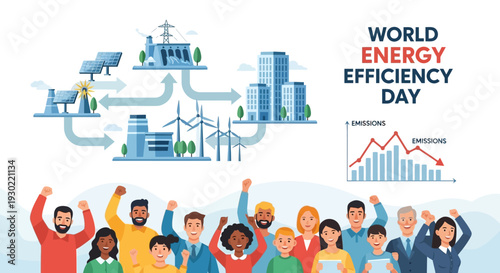 Illustration of diverse people celebrating World Energy Efficiency Day with industrial and renewable energy icons in a colorful graphic design.