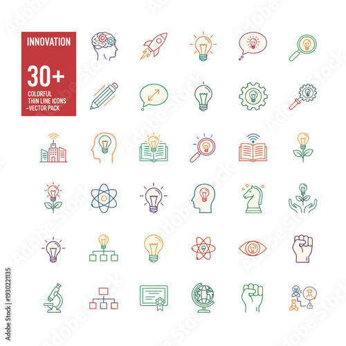 Innovative ideas and concepts represented by icons, symbolizing technology, creativity, and progress in a modern digital environment from a straightforward viewpoint.