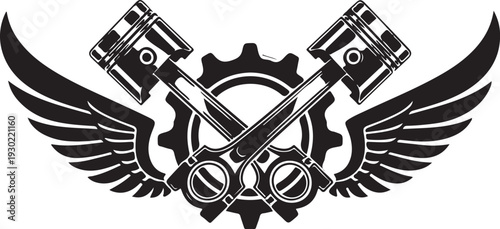 Industrial mechanical logo design featuring crossed engine pistons with large wings and gear cog silhouette representing speed and power racing