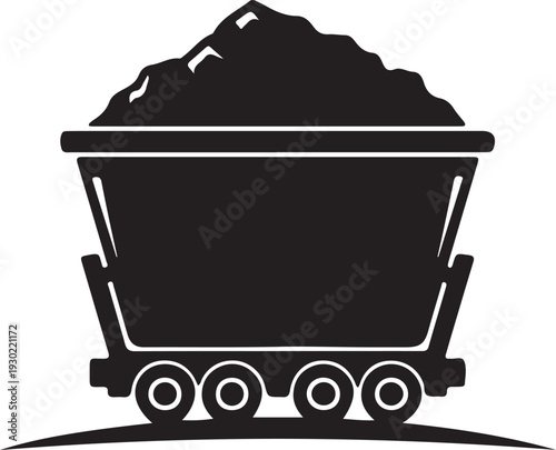 Mining cart with coal pile, heavy load transport vehicle, industrial mining equipment vector illustration, mineral extraction