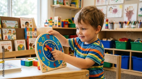 Preschooler learning with toy clock during education activity.