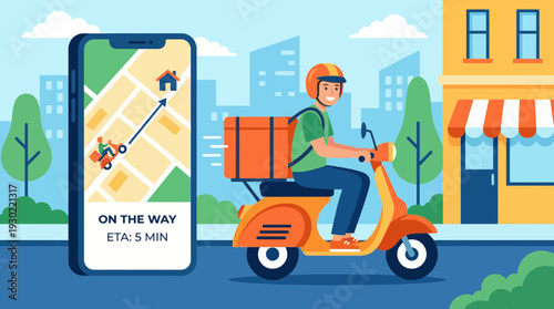 Food Delivery Scooter Rider with Mobile Tracking App Illustration