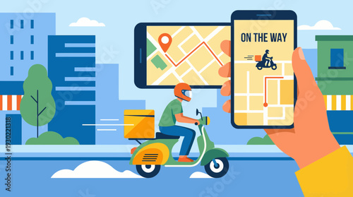 Online Delivery Service with Scooter and Mobile Tracking App Vector Illustration