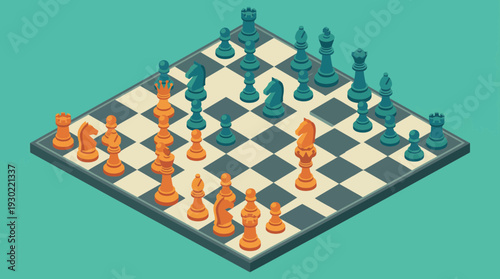 Isometric Chess Game Vector Illustration with Orange and Teal Pieces on Checkered Board