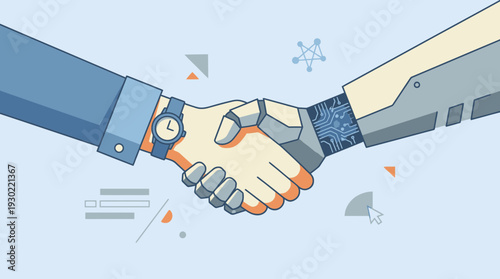 Human and Robot Handshake Vector Illustration: AI Partnership, Technology Collaboration, and Future Business Agreement Concept