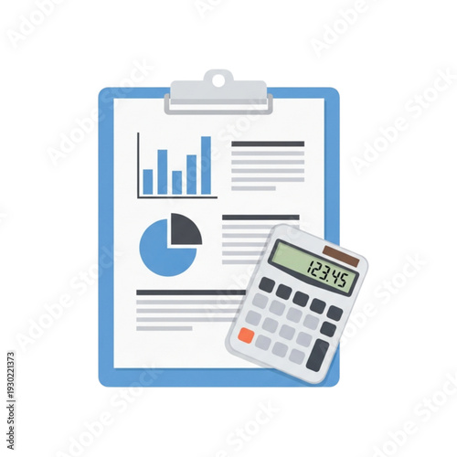 Financial report with charts and calculator on a clipboard, representing business analysis and accounting tasks.