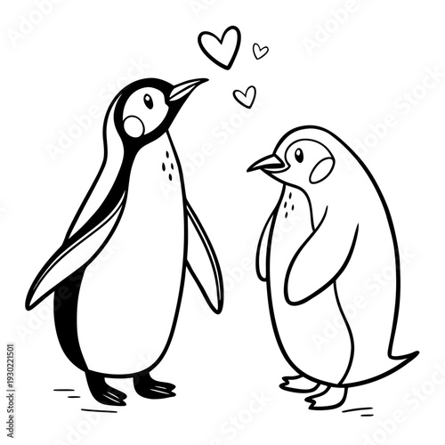 Simple cute doodle line art vector, two adorable penguins facing each other holding flippers with a small heart floating between them, minimal black line drawing on pure white background, strictly bla