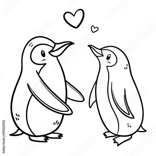 Simple cute doodle line art vector, two adorable penguins facing each other holding flippers with a small heart floating between them, minimal black line drawing on pure white background, strictly bla