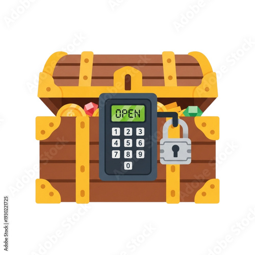 A wooden treasure chest secured with a digital keypad lock displaying "OPEN" and a traditional padlock, filled with gold coins and gems.