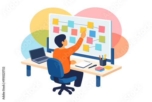 Man planning project on a kanban board with sticky notes.