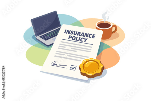 Insurance policy document with laptop and coffee cup.