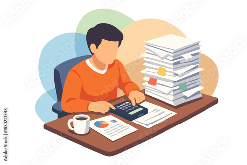 Man working at desk with calculator and stack of papers.