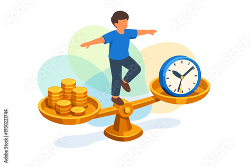 Person balancing time and money on a scale concept illustration.
