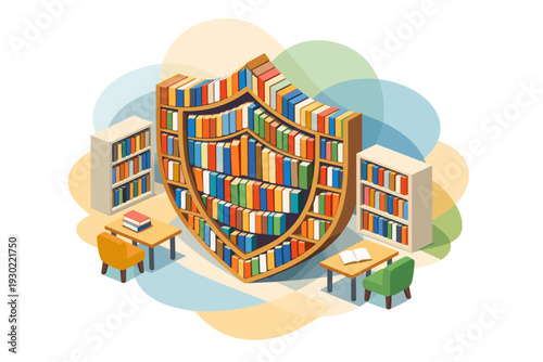 Shield shaped bookshelf filled with books and study desks.