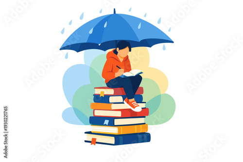 Student studying under umbrella on stack of books during rain.