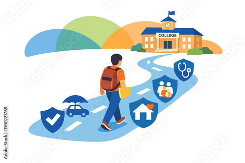 Student walking towards college with insurance symbols on path.