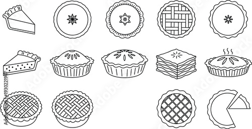 Bakery Pie and Pastry Line Art Illustration Set, Fruit Tart Cake Slices and Lattice Crust Desserts, Vector Food Icons Isolated on White Background,