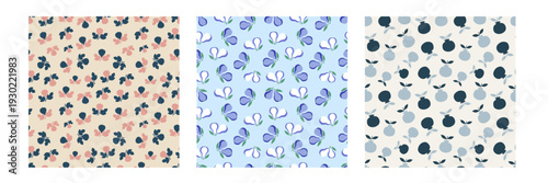 Minimalist seamless pattern collection of fig pear and pomegranate fruits in flat hand drawn style