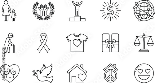 Black and white line vector icon set for charity, non-profit organizations, social good, volunteer work, peace, and humanitarian aid.