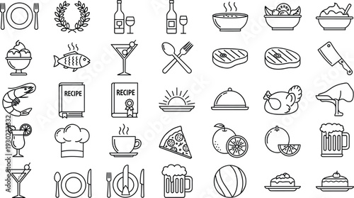 Black and white line vector icon set of food and restaurant elements including pizza, wine, recipe book, and chef hat.