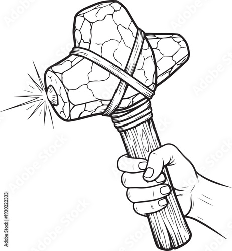 Primitive stone hammer held in hand, early human tool, ancient weapon, rough stone head tied to wooden handle, impact effect, prehistoric, line art, isolated on transparent background