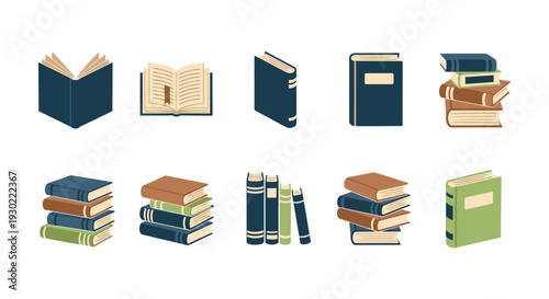 Diverse collection of vector book illustrations featuring open, closed, and stacked designs for education graphic projects.