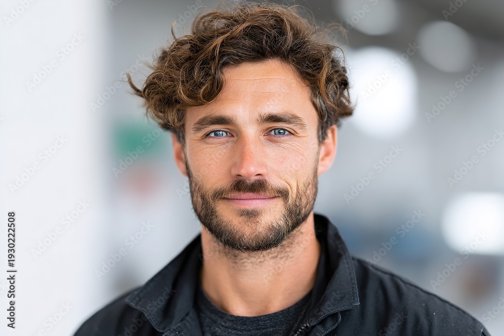 Obraz premium A young man with a beard and stylish haircut smiles softly