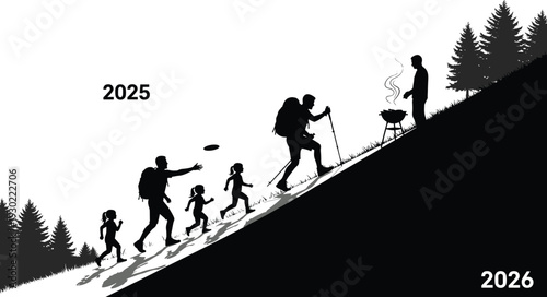 Black and white silhouette of a family hiking up a mountain with backpacks toward a grill, featuring 2025 and 2026.