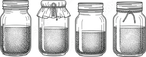 Black and white line vector illustration set of mason jars with liquid, glass preserve containers, vintage kitchen storage, and lids.